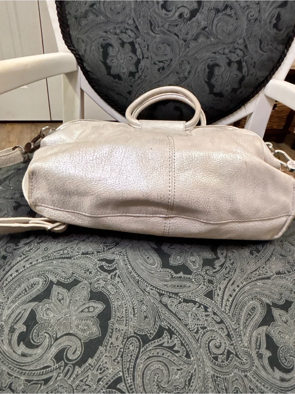 hOBO Metallic Silver Women’s Satchel Bag with Heart Charm